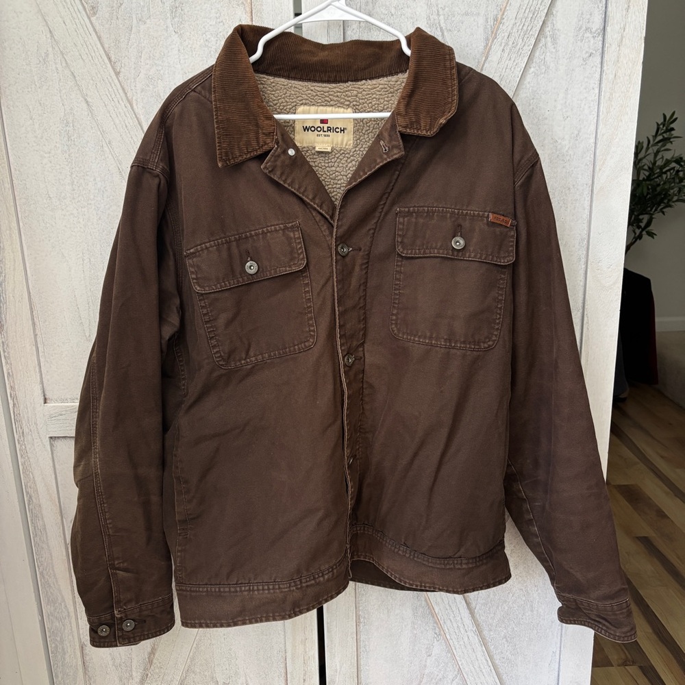 Woolrich Canvas Sherpa Lined Trucker Jacket Mens XXL Brown Barn Chore Coat Work
